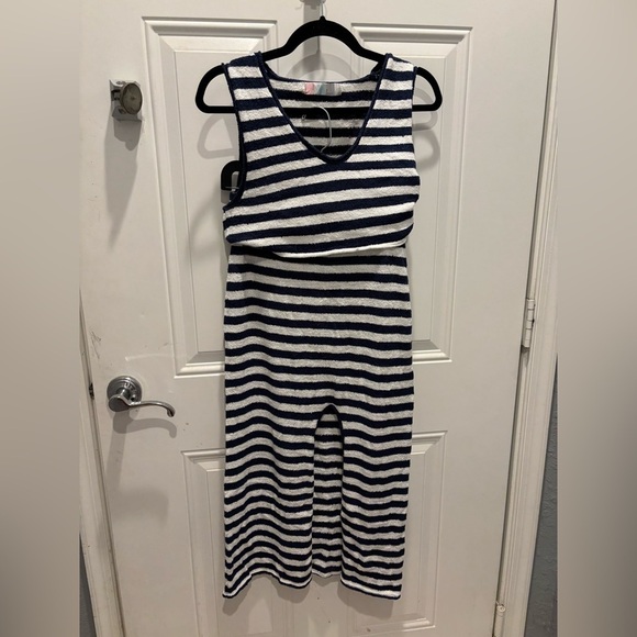 Free People Bailey 2 Piece  Set Skirt Top Terry Navy Blue White - Picture 7 of 7